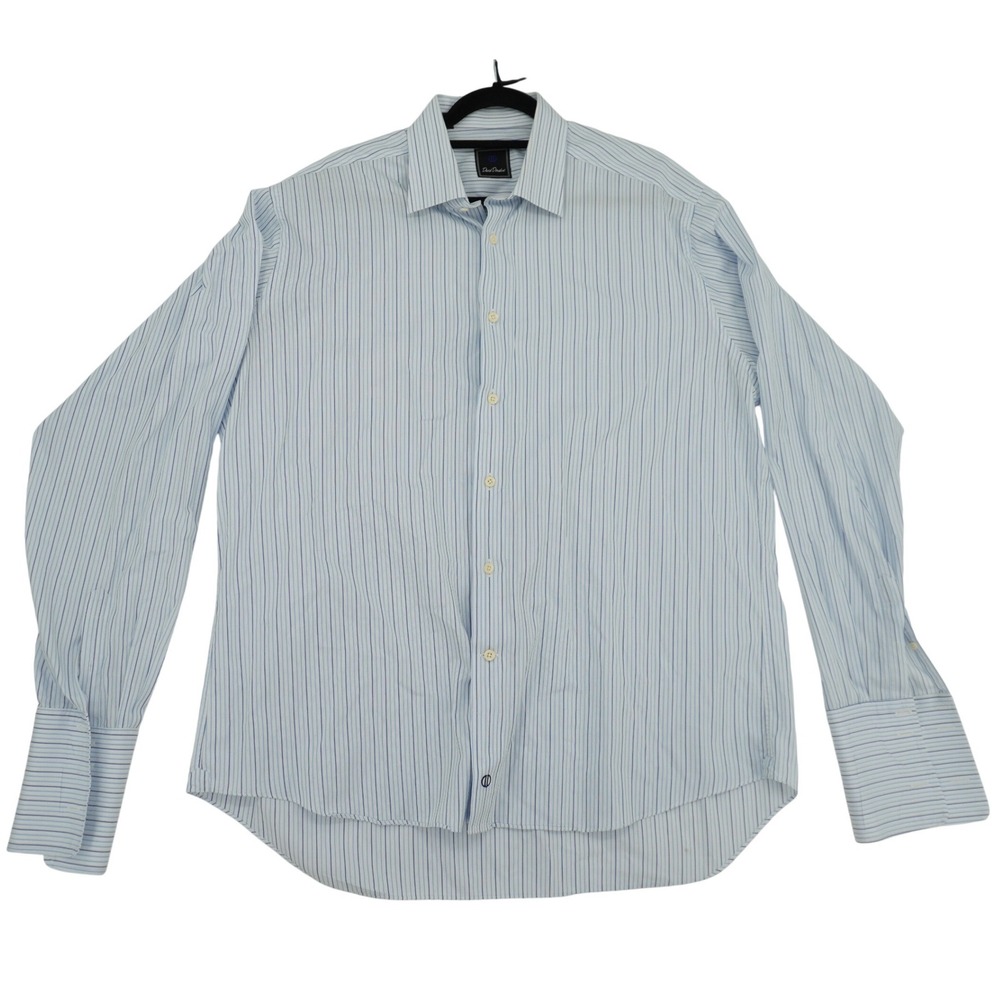 David Donahue Mens Blue White Striped Cotton Dress Shirt 17.5 36/37 French Cuff